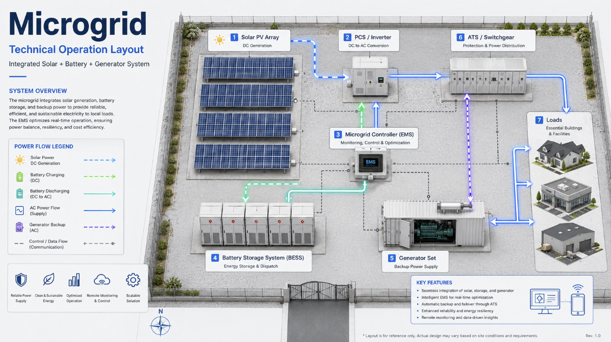Microgrid system with solar, storage, generator backup, and EMS control
