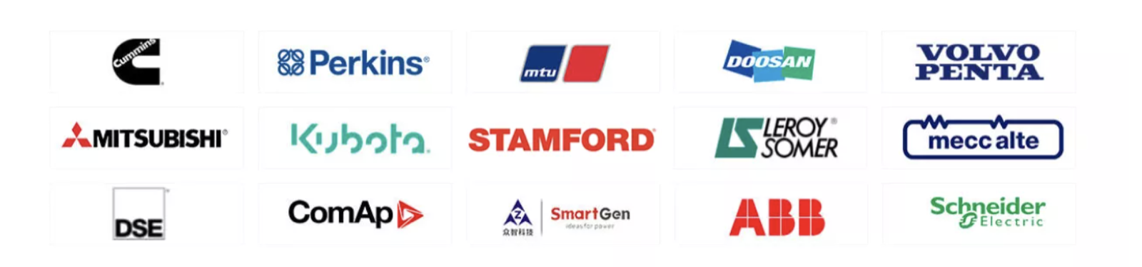Partner logos including Cummins, Perkins, MTU, Doosan, Volvo Penta, Mitsubishi, Kubota, Stamford, Leroy Somer, Mecc Alte, DSE, ComAp, SmartGen, ABB and Schneider Electric